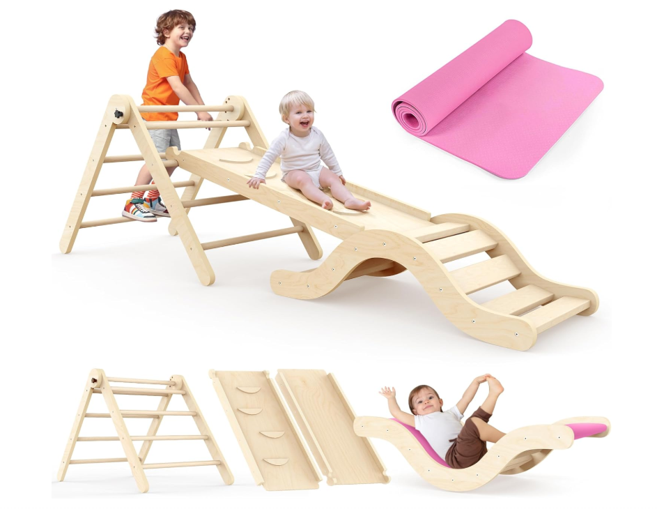 A924 Medinis Montessori 7-in-1 lipimo rėmas su čiuožykla, arka ir kilimėliu, vaikams 1-3 m.