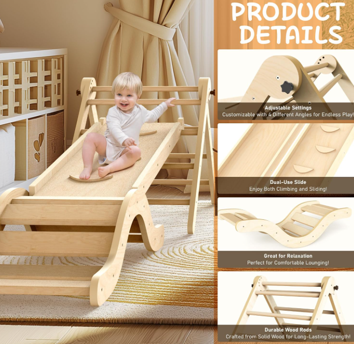 A924 Medinis Montessori 7-in-1 lipimo rėmas su čiuožykla, arka ir kilimėliu, vaikams 1-3 m.