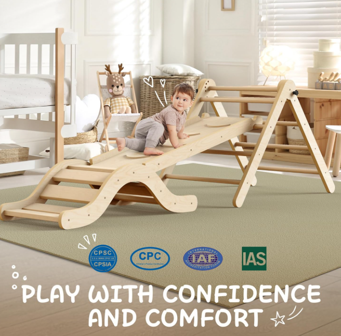 A924 Medinis Montessori 7-in-1 lipimo rėmas su čiuožykla, arka ir kilimėliu, vaikams 1-3 m.