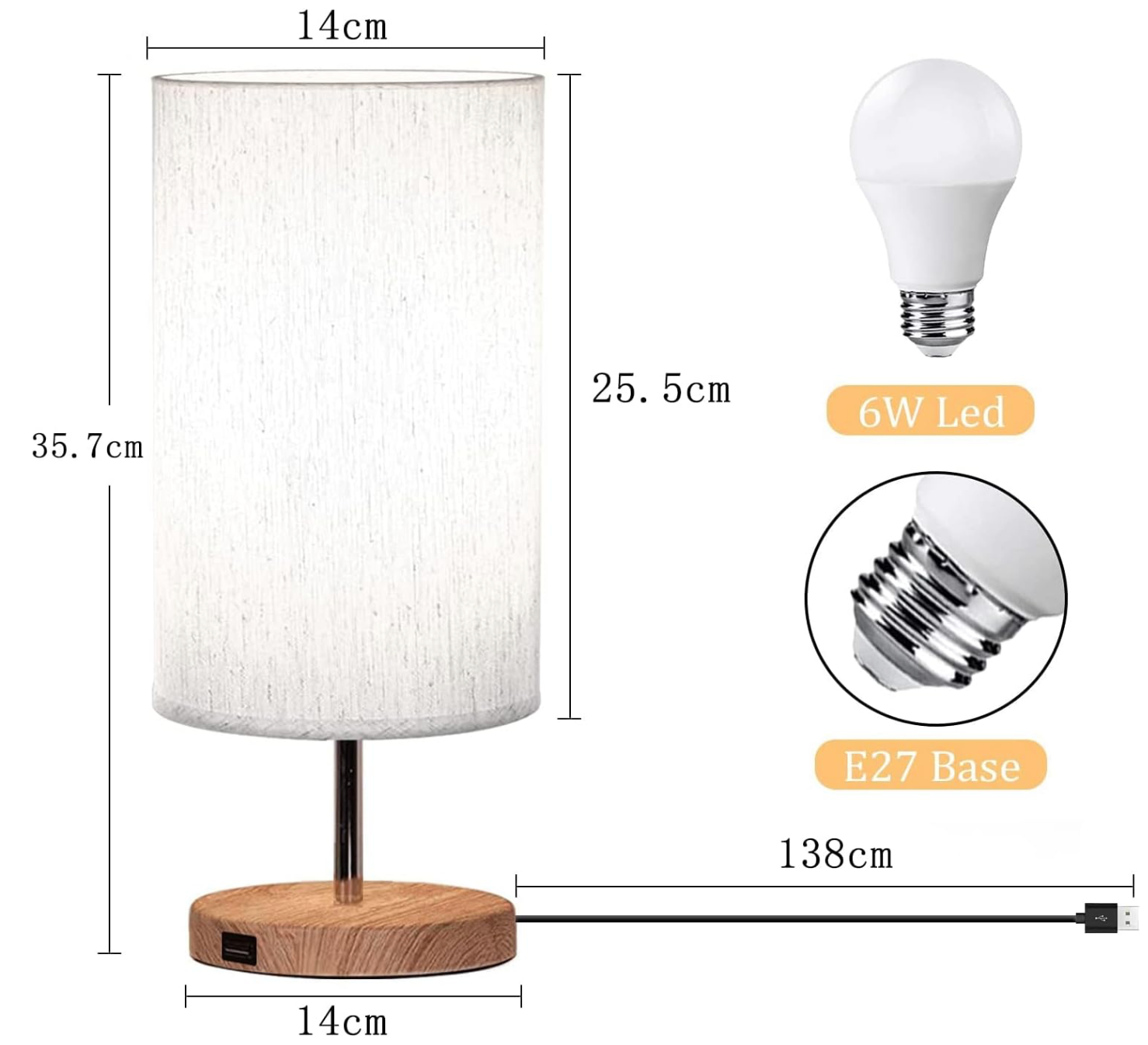Table lamp with USB charging port and 3 color temperatures