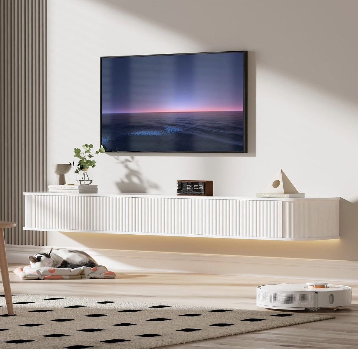 B156 PURFINO balta pakabinama televizoriaus spintelė su RGB LED apšvietimu